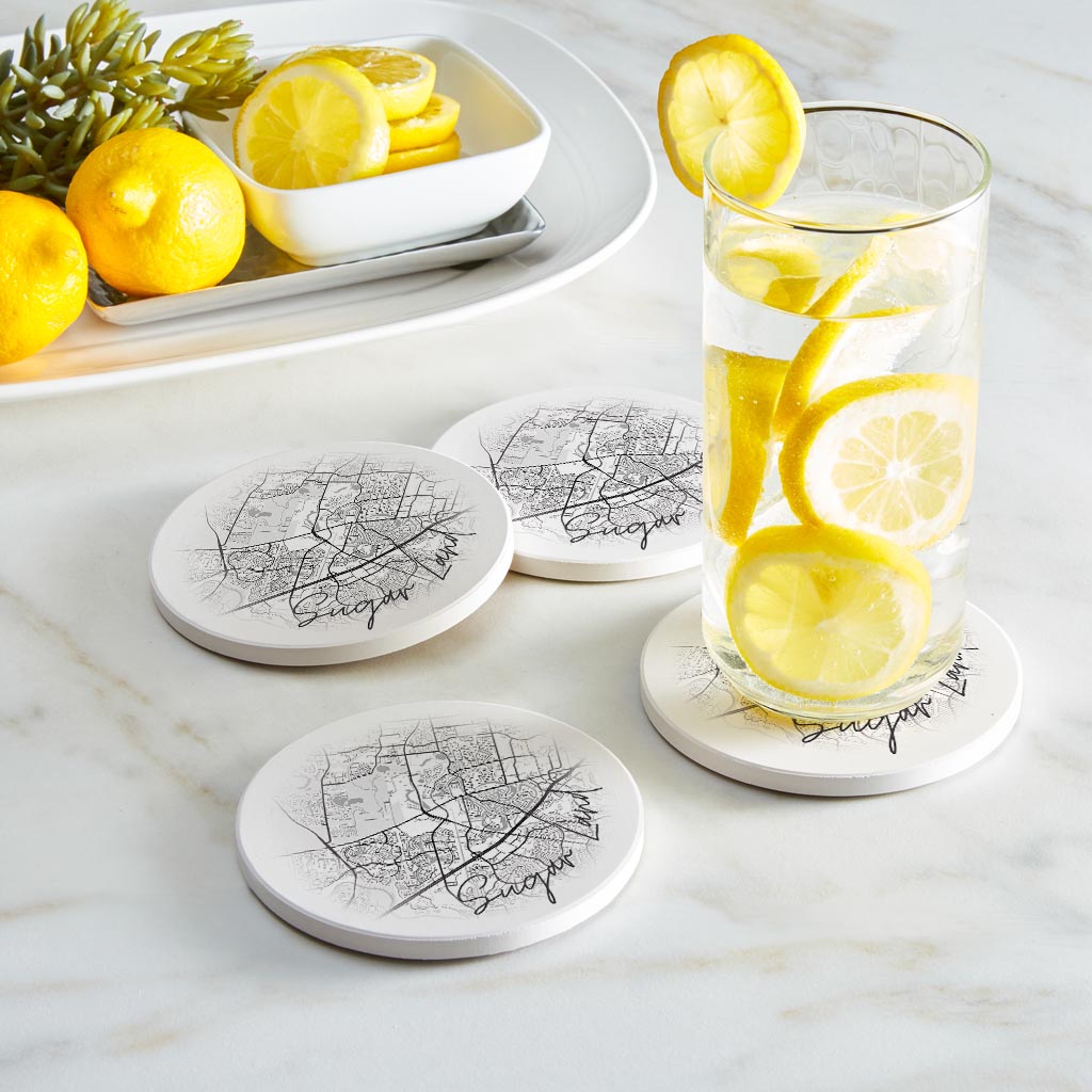 Minimalistic B&W Texas Sugarland Circle Map | Absorbent Coasters | Set of 4 | Min 2