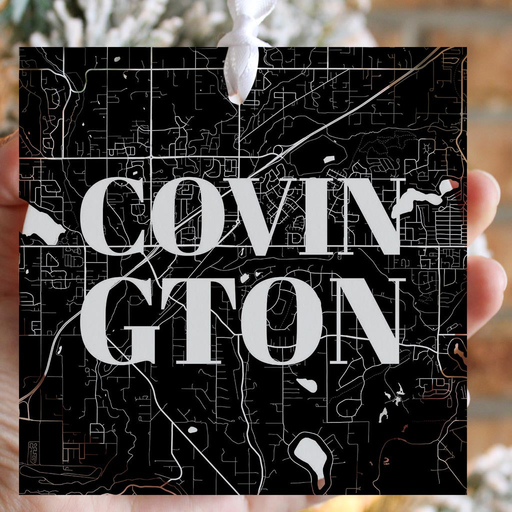 Minimalistic B&W Washington Covington Map | Wood Ornament | Eaches | Min 6