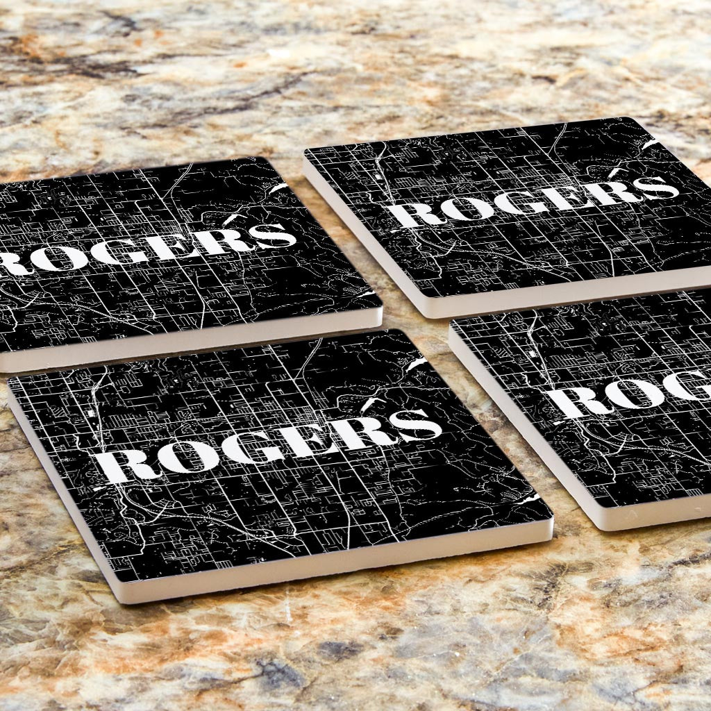 Minimalist B&W Arkansas Rogers Map | Absorbent Coasters | Set of 4 | Min 2