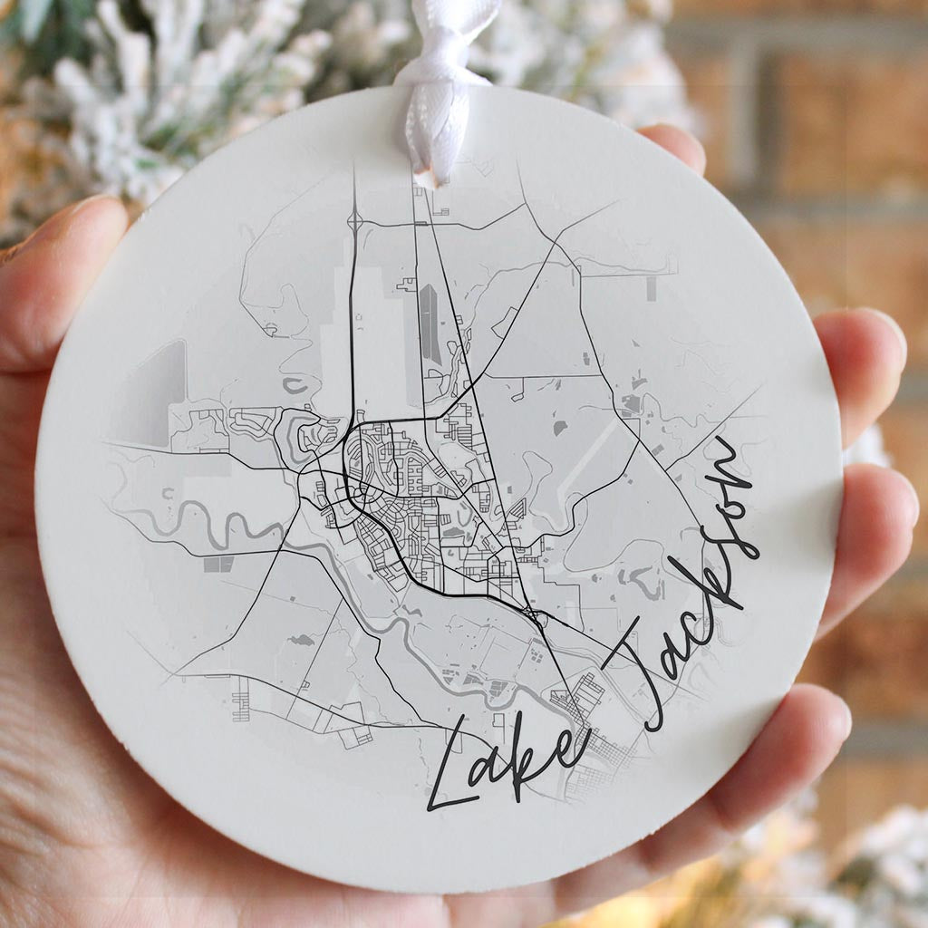 Minimalistic B&W Texas Lake Jackson Circle Map | Wood Ornament | Eaches | Min 6