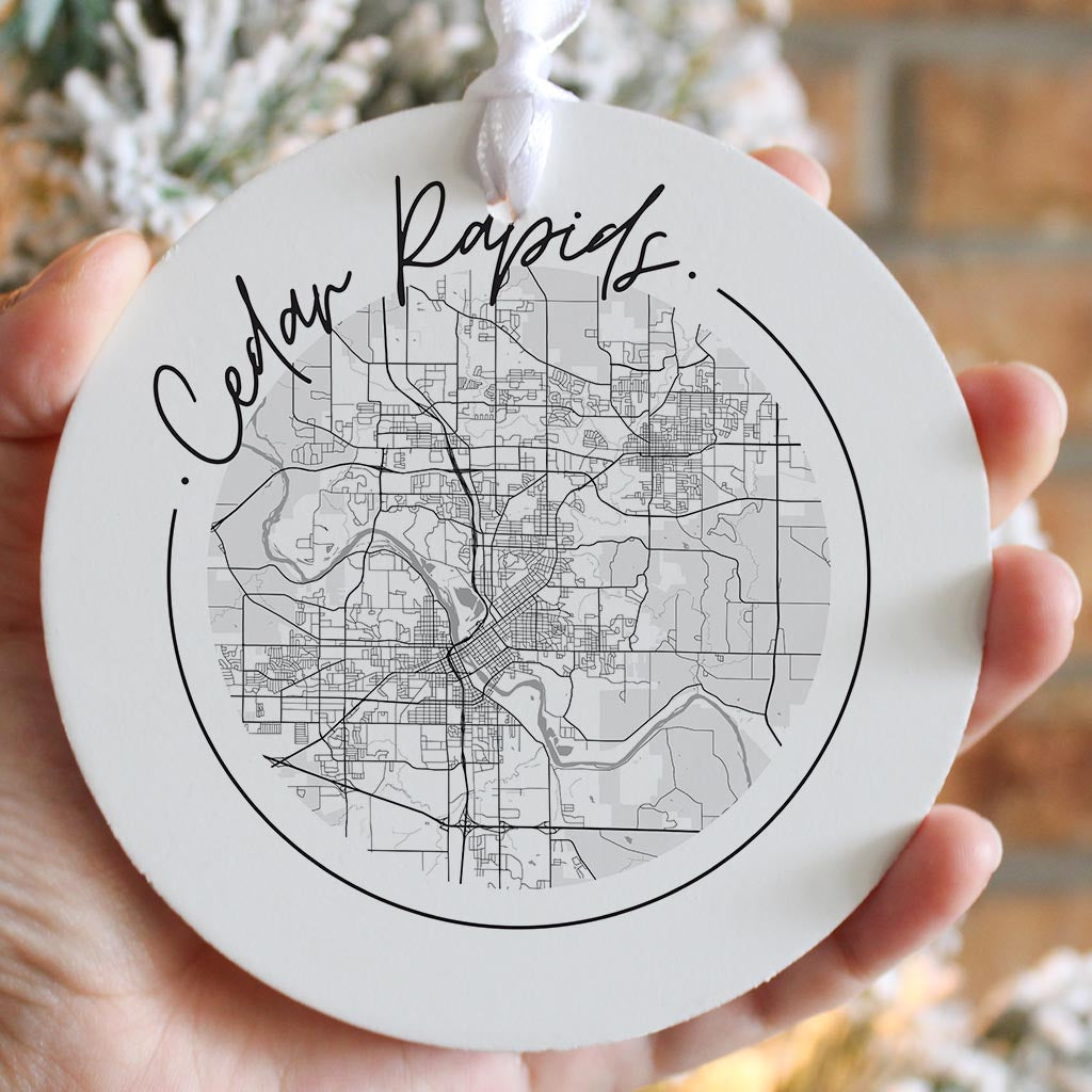 Minimalistic B&W Iowa Cedar Rapids Circle Map | Wood Ornament | Eaches | Min 6