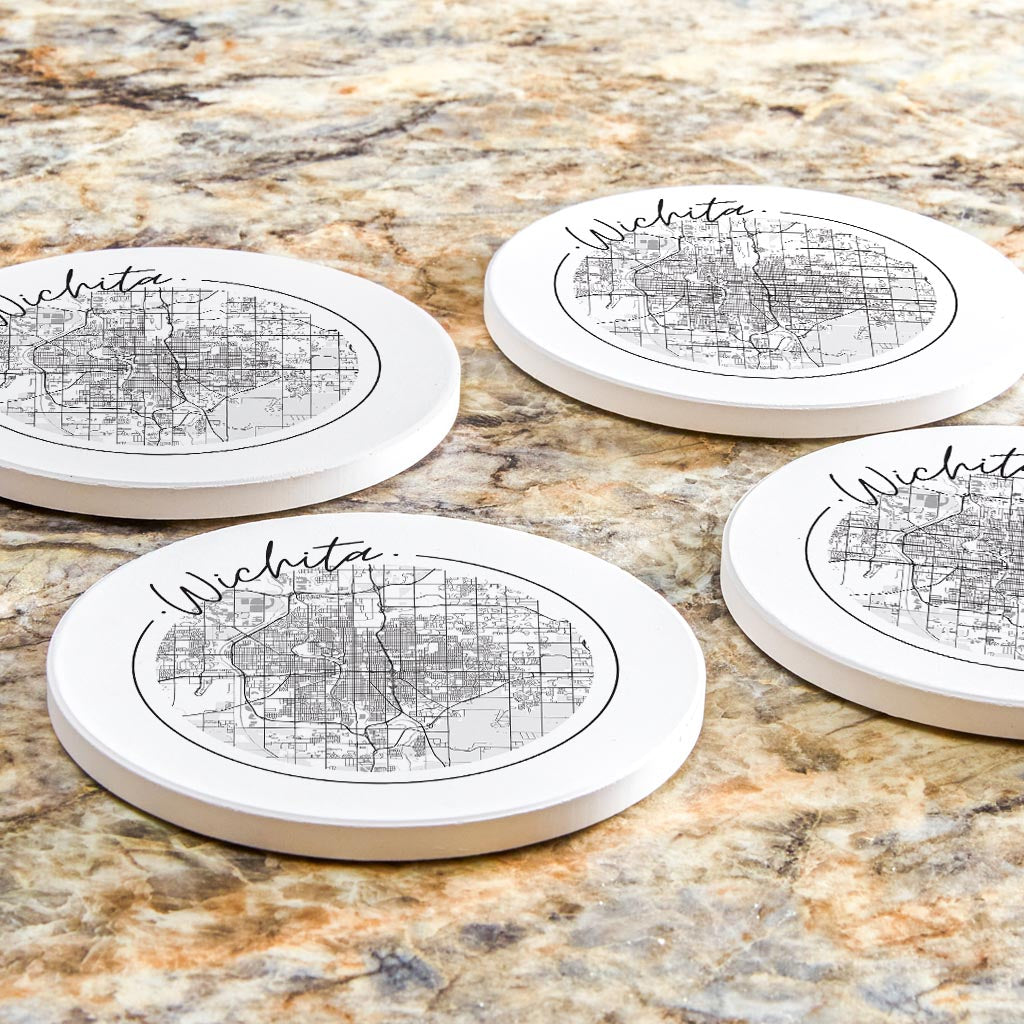 Minimalist B&W Kansas Wichita Circle Map | Absorbent Coasters | Set of 4 | Min 2