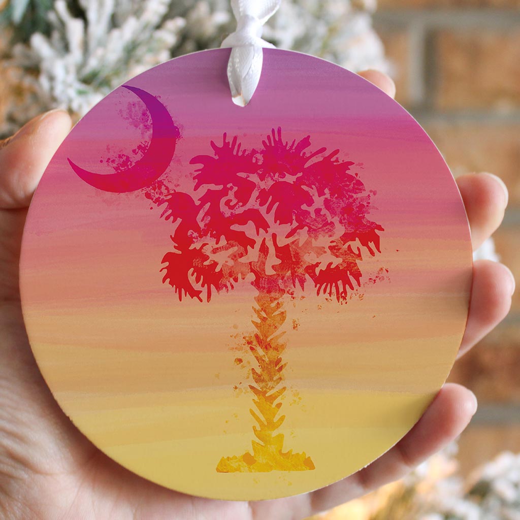 South Carolina Pink Water Color Palm Trees| Wood Ornament | Eaches | Min 6