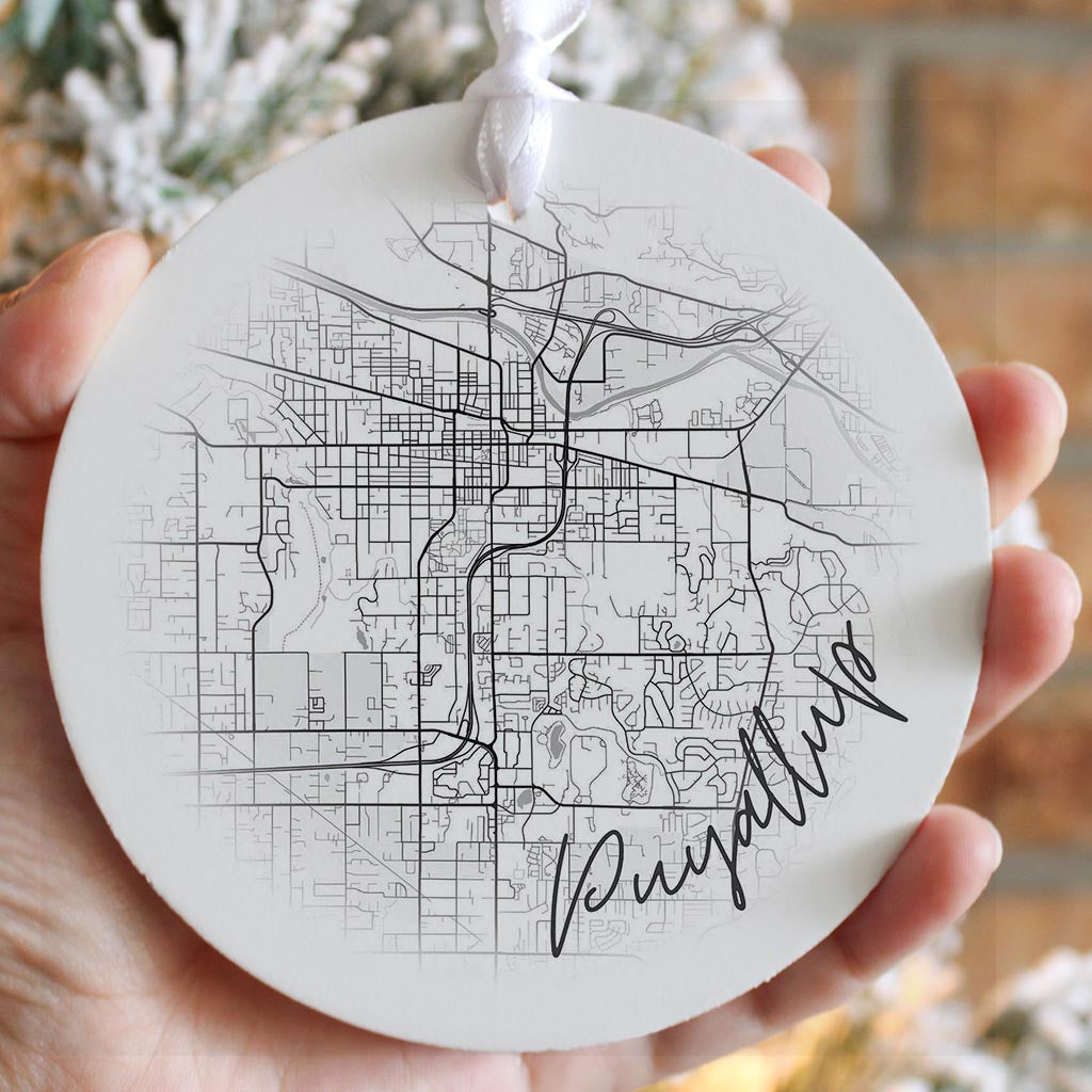 Minimalistic B&W Washington Puyallup Circle Map | Wood Ornament | Eaches | Min 6