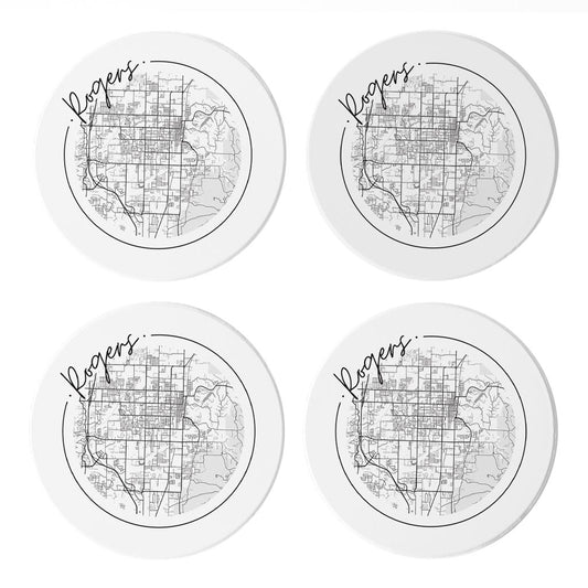 Minimalist B&W Arkansas Rogers Circle Map| Absorbent Coasters | Set of 4 | Min 2