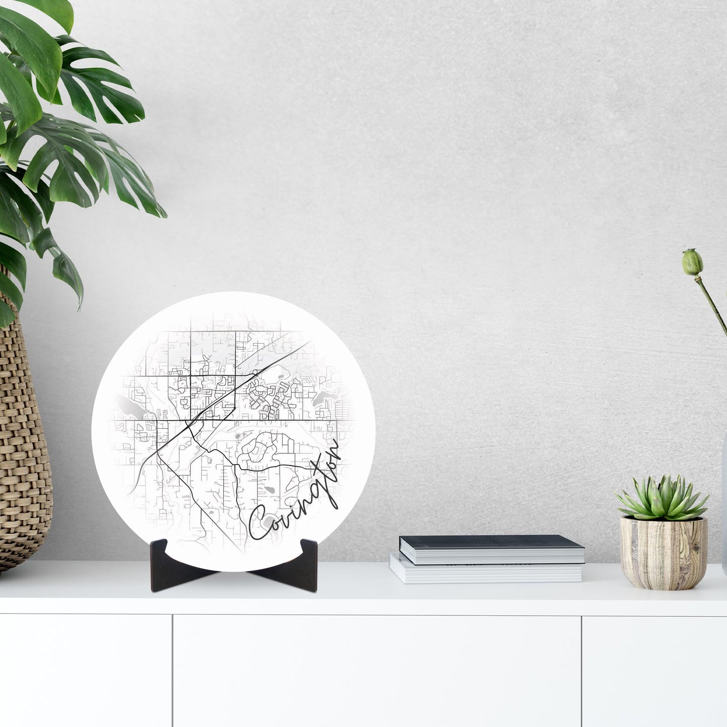 Minimalistic B&W Washington Covington Circle Map | Wood Sign | Eaches | Min 1