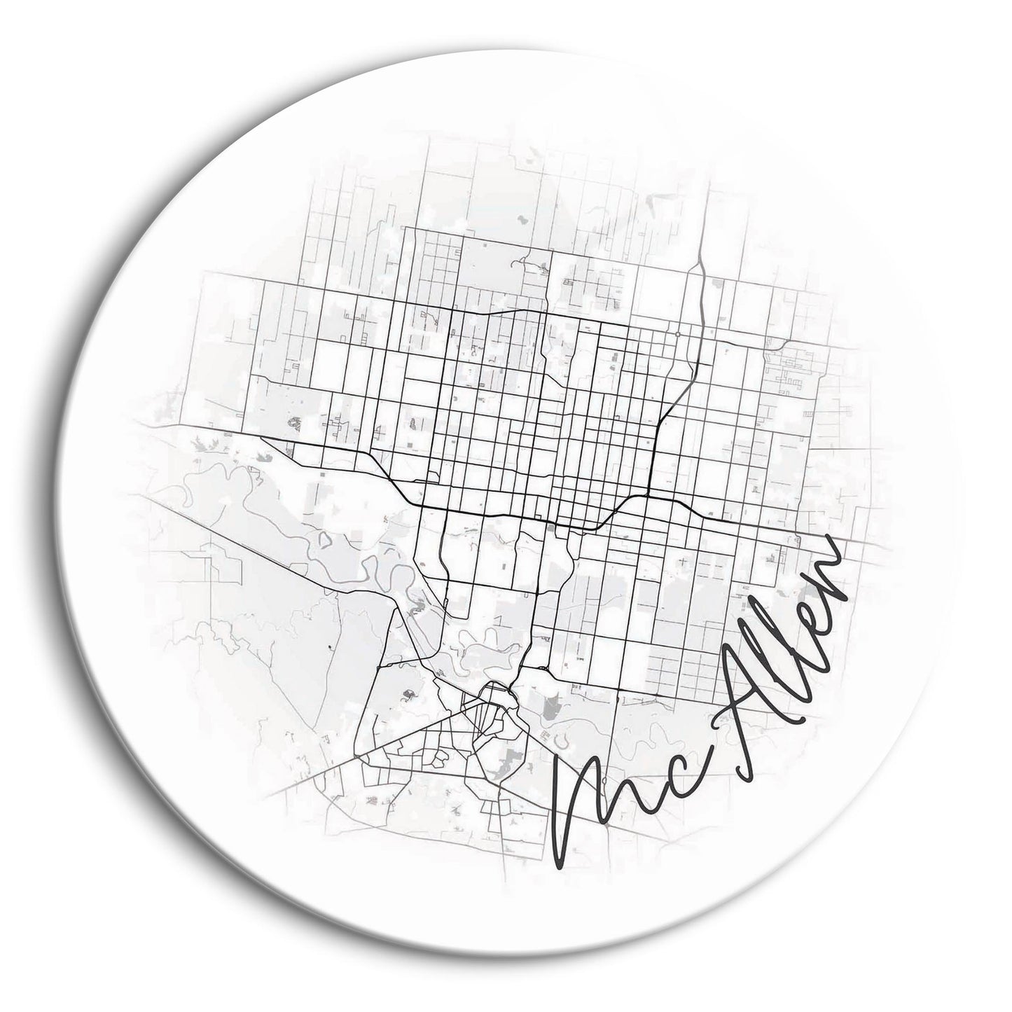 Minimalistic B&W Texas Mcallen Circle Map | Hi-Def Glass Art | Eaches | Min 1