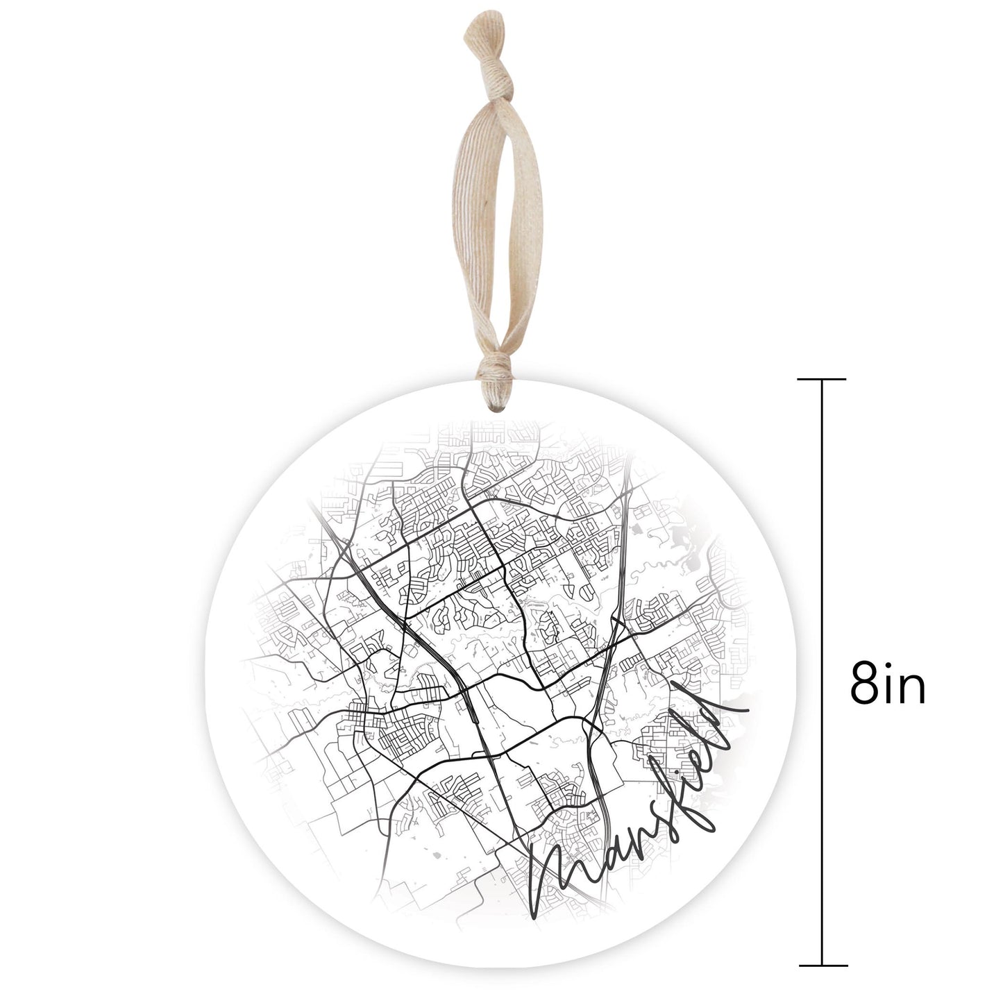 Minimalistic B&W Texas Mansfield Circle Map | Wood Ornament | Eaches | Min 1