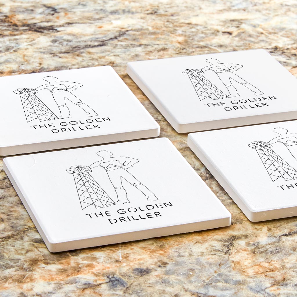 Modern Oklahoma Line Drawing The Golden Driller | Absorbent Coasters | Set of 4 | Min 2