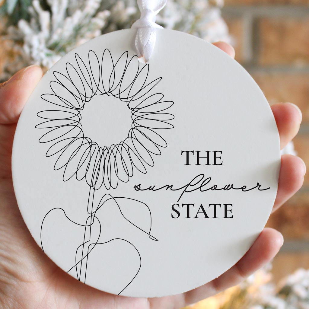 Minimalist B&W Kansas Sunflower Line Drawing| Wood Ornament | Eaches | Min 6