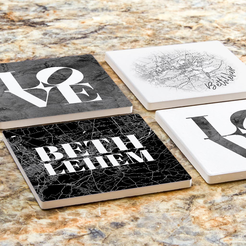 Minimalistic B&W Pennsylvania Bethlehem Maps Love| Absorbent Coasters | Set of 4 | Min 2