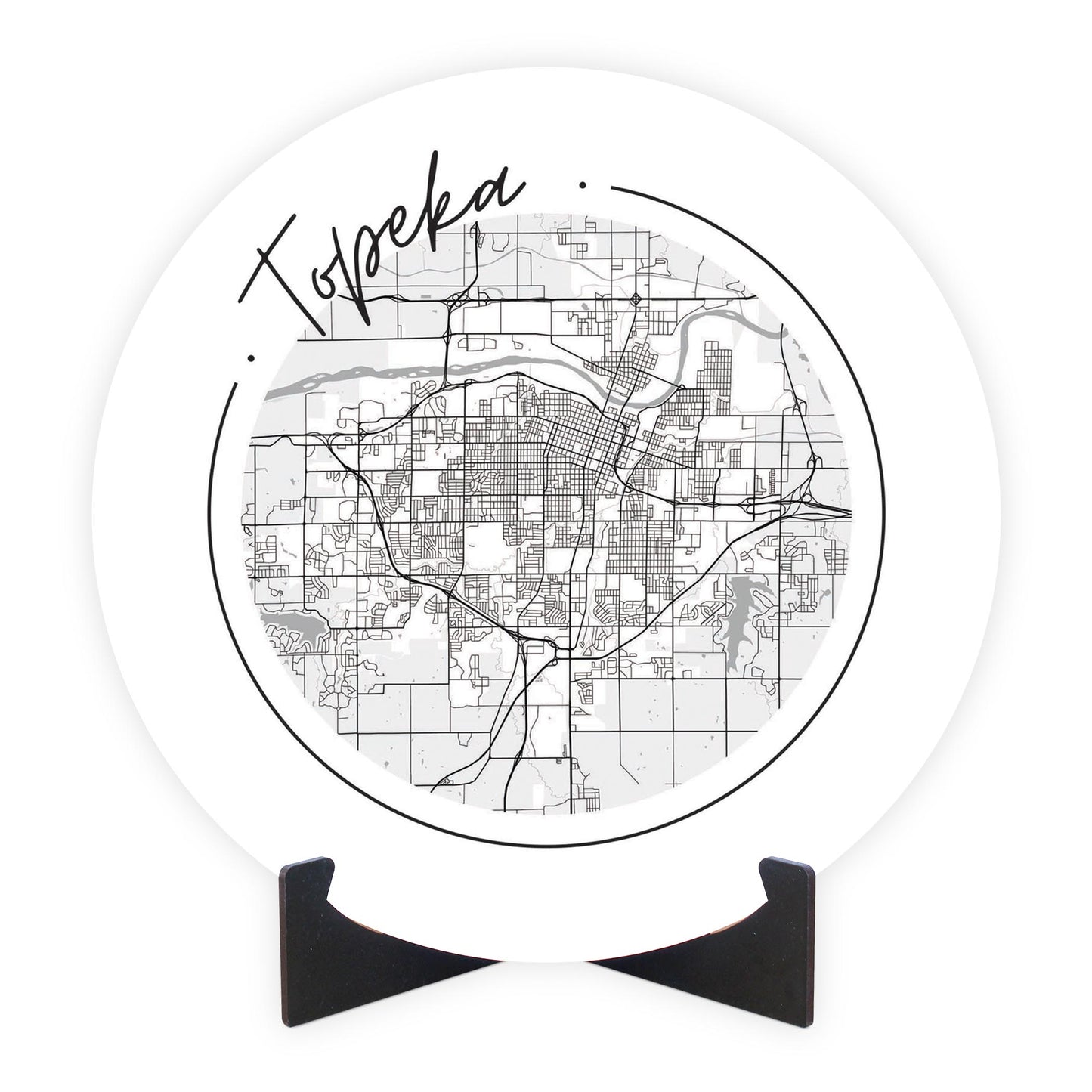 Minimalist B&W Kansas Topeka Circle Map | Wood Sign | Eaches | Min 1