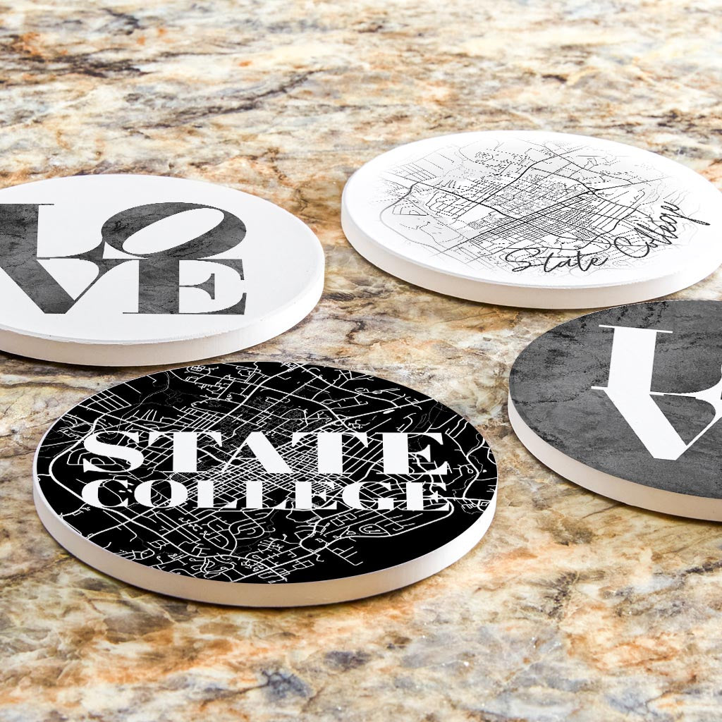 Minimalistic B&W Pennsylvania State College Maps Love | Absorbent Coasters | Set of 4 | Min 2