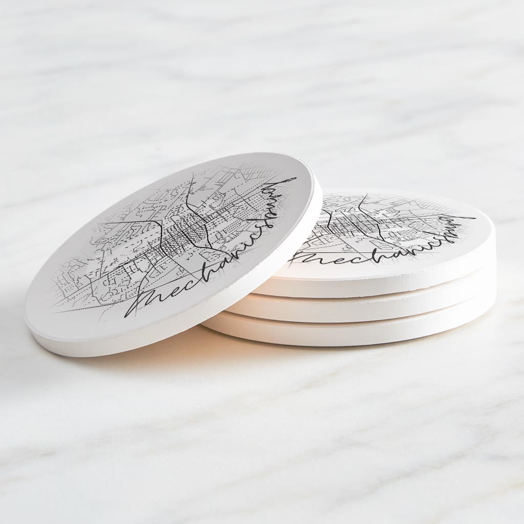 Minimalistic B&W Pennsylvania Mechanicsburg Circle Map | Absorbent Coasters | Set of 4 | Min 2