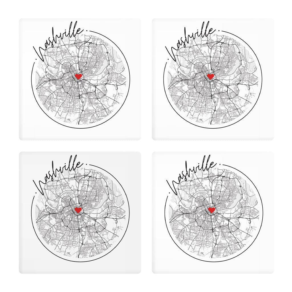 Minimalist B&W Tennessee Nashville Circle Map Heart | Absorbent Coasters | Set of 4 | Min 2