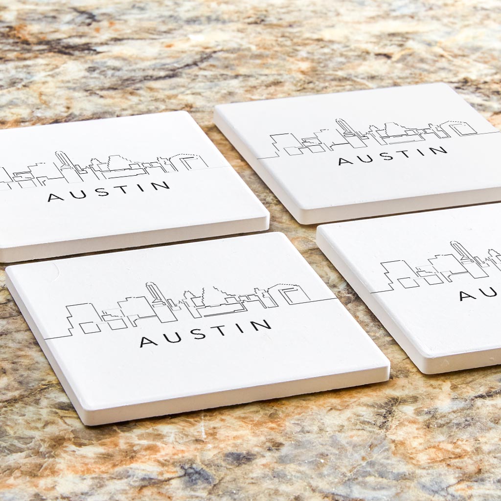 Minimalist B&W Texas Austin Skyline | Absorbent Coasters | Set of 4 | Min 2