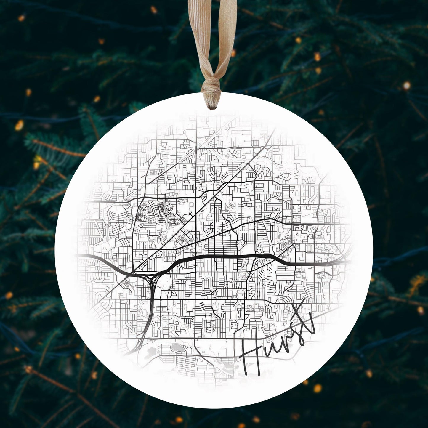 Minimalistic B&W Texas Hurst Circle Map | Wood Ornament | Eaches | Min 1