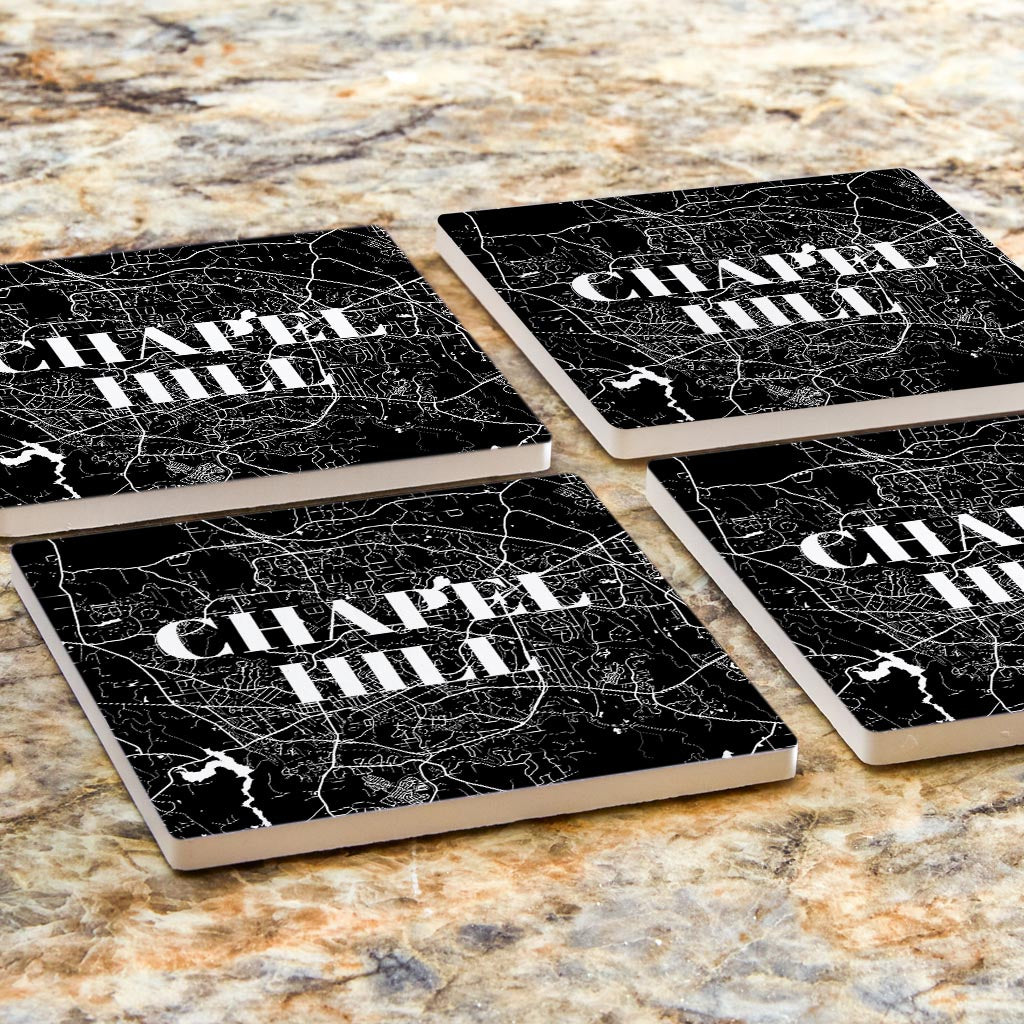 Minimalistic B&W North Carolina Chapel Hill Map | Absorbent Coasters | Set of 4 | Min 2