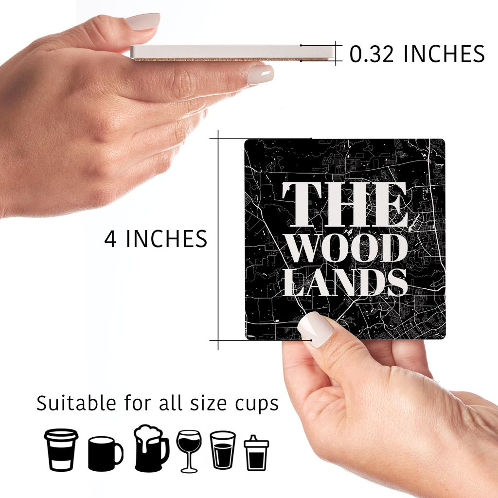 Minimalistic B&W Texas The Woodlands Map | Absorbent Coasters | Set of 4 | Min 2