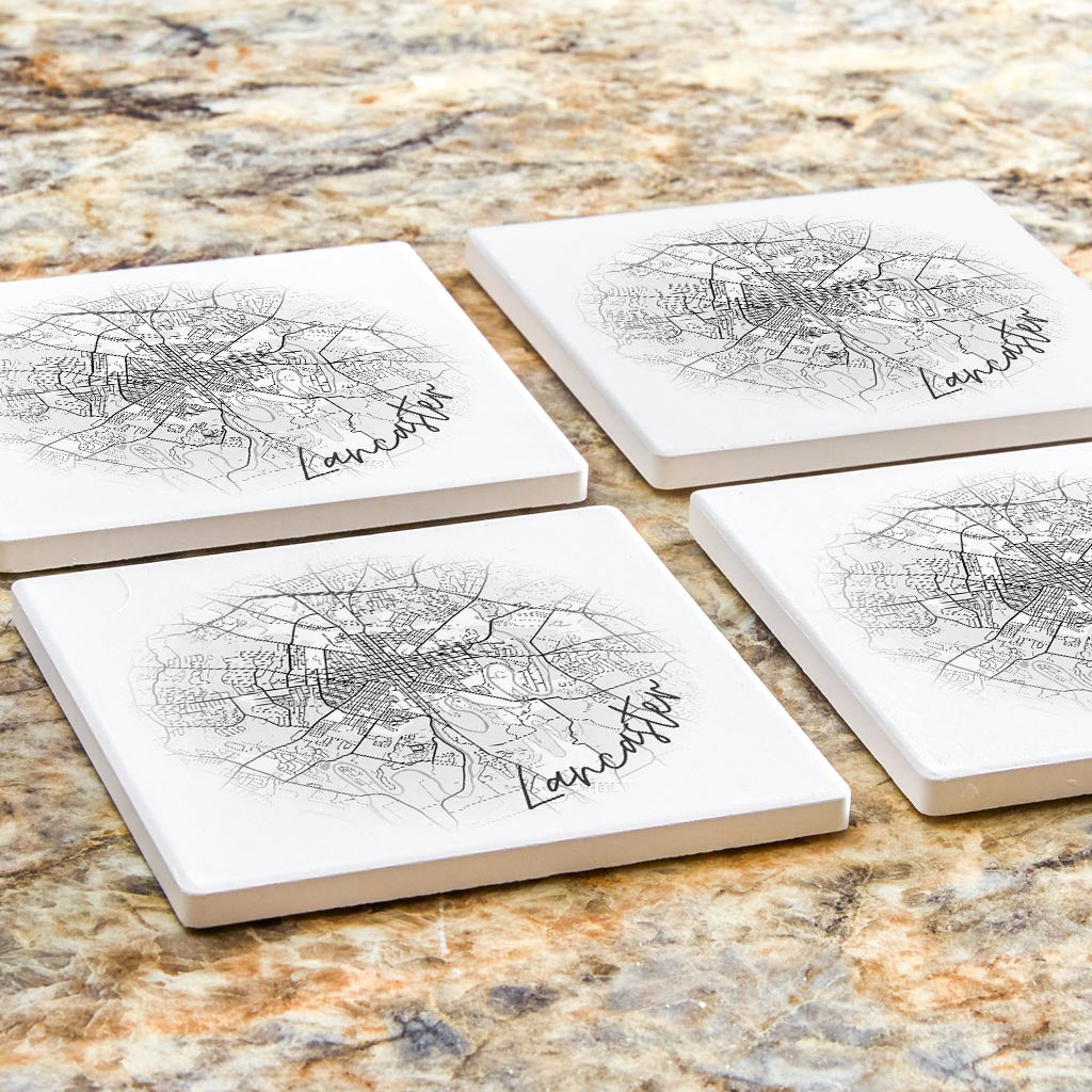 Minimalistic B&W Pennsylvania Lancaster Circle Map | Absorbent Coasters | Set of 4 | Min 2