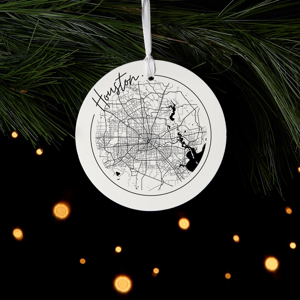 Modern Houston White Round Map | Wood Ornament | Eaches | Min 6