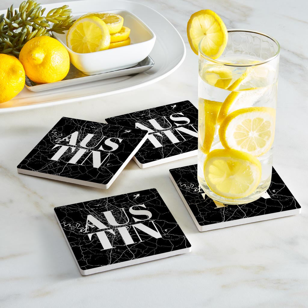 Modern Black Austin Map | Absorbent Coasters | Set of 4 | Min 2