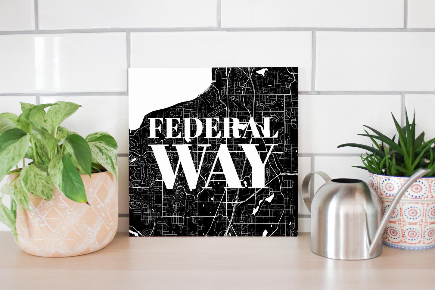 Minimalistic B&W Washington Federal Way Map | Wood Sign | Eaches | Min 2