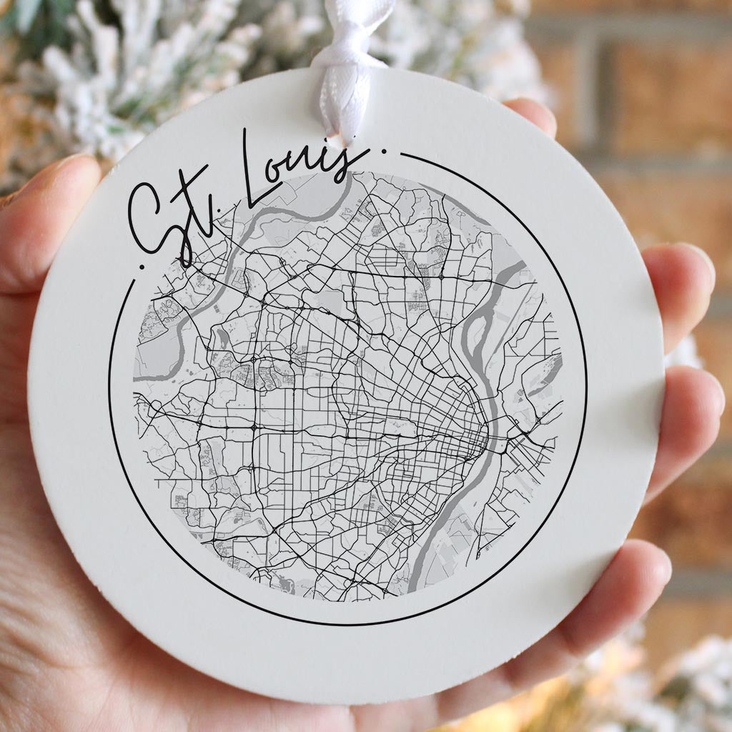 Minimalist B&W Missouri St Louis Circle Map| Wood Ornament | Eaches | Min 6