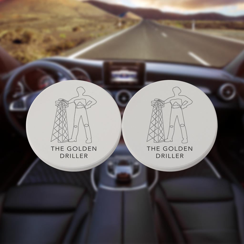 Modern Oklahoma Line Drawing The Golden Driller | Absorbent Car Coasters | Set of 2 | Min 4