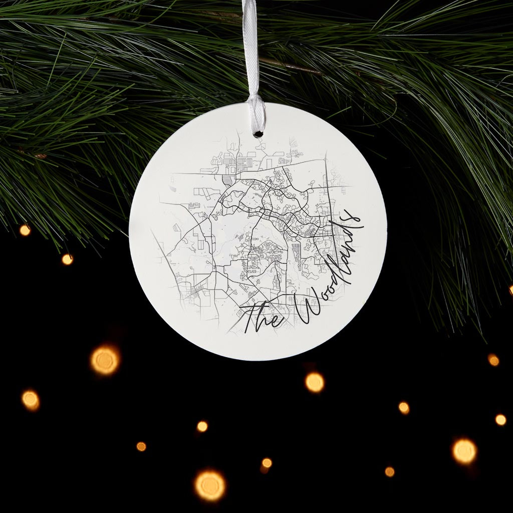 Minimalistic B&W Texas The Woodlands Circle Map | Wood Ornament | Eaches | Min 6