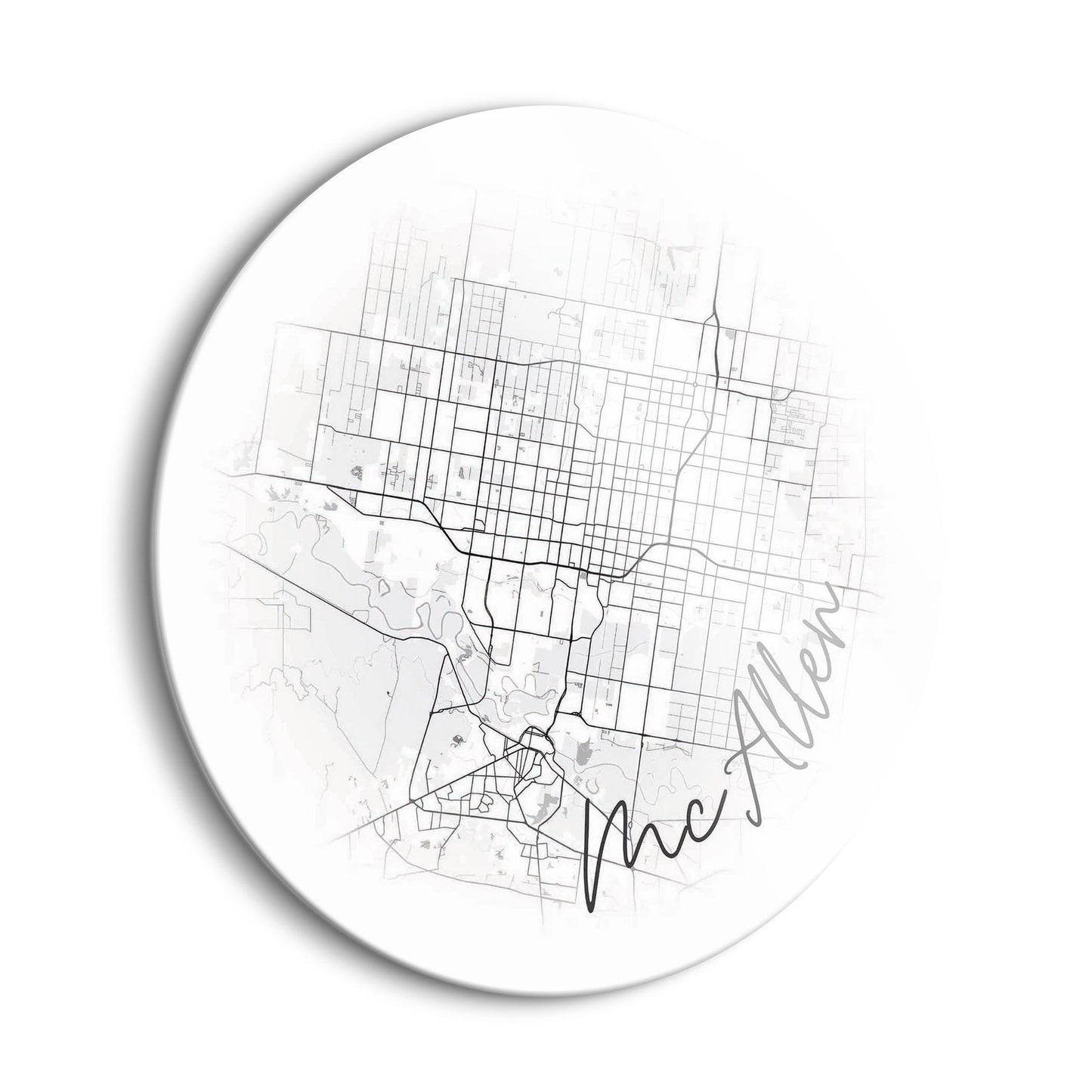 Minimalistic B&W Texas Mcallen Circle Map | Hi-Def Glass Art | Eaches | Min 1