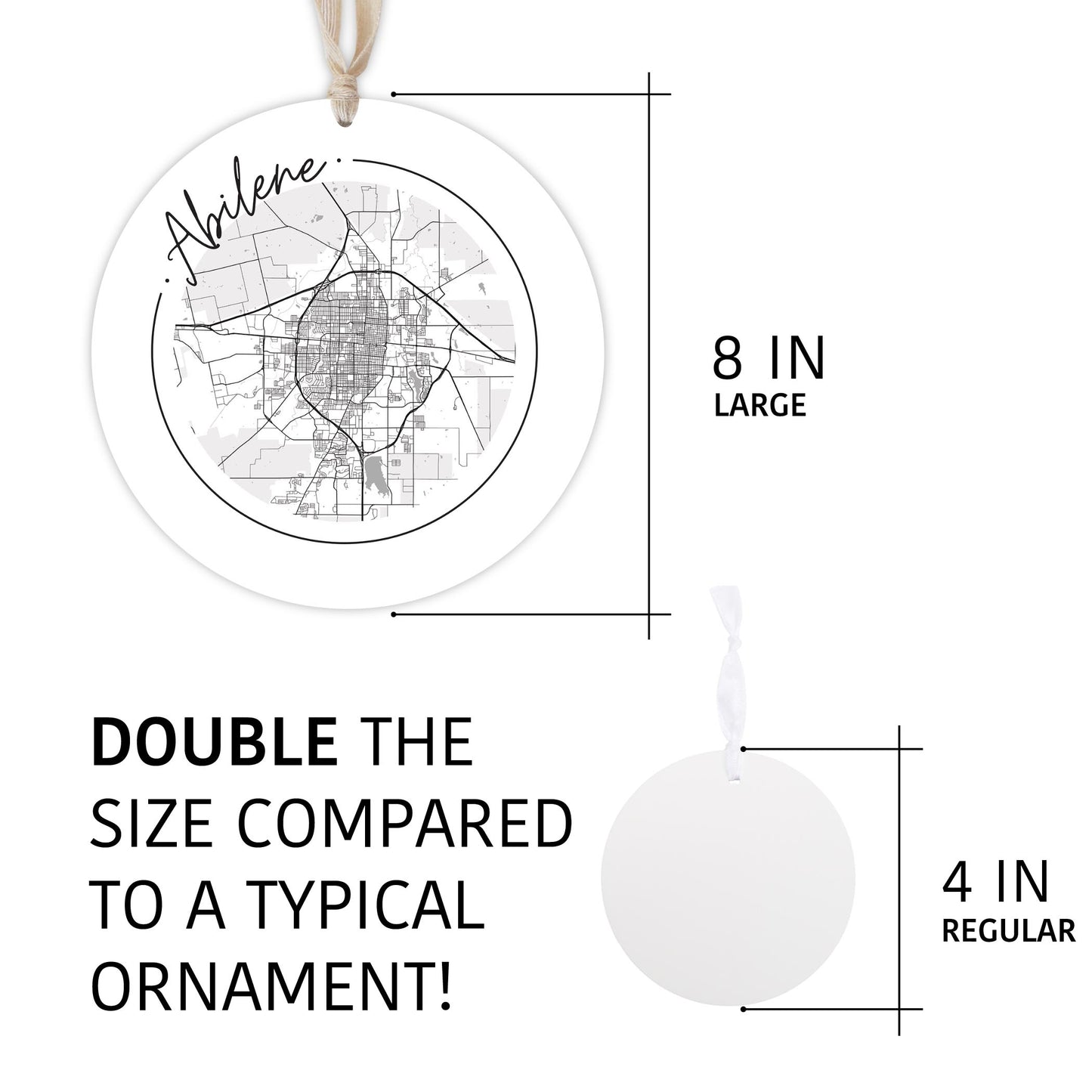 Minimalist B&W Texas Abilene Circle Map | Wood Ornament | Eaches | Min 1