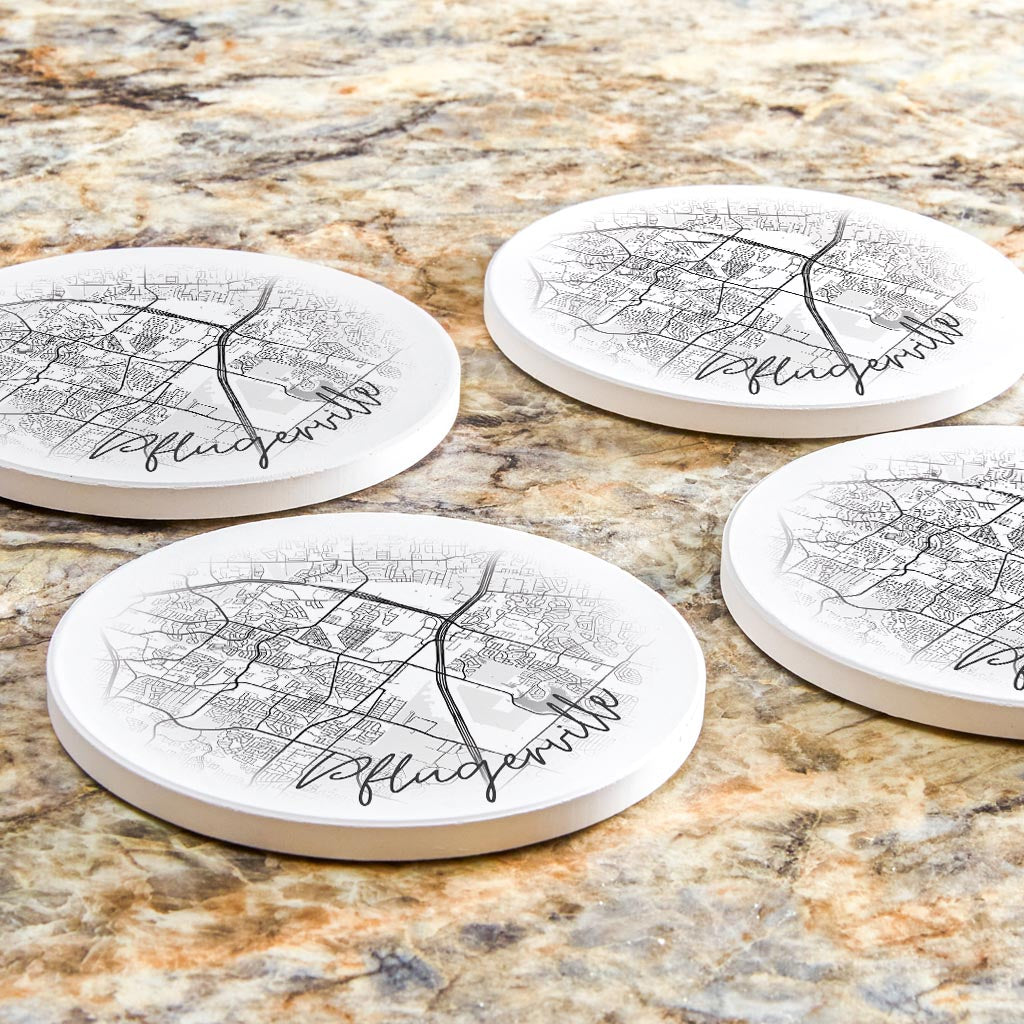 Minimalistic B&W Texas Pflugerville Circle Map | Absorbent Coasters | Set of 4 | Min 2