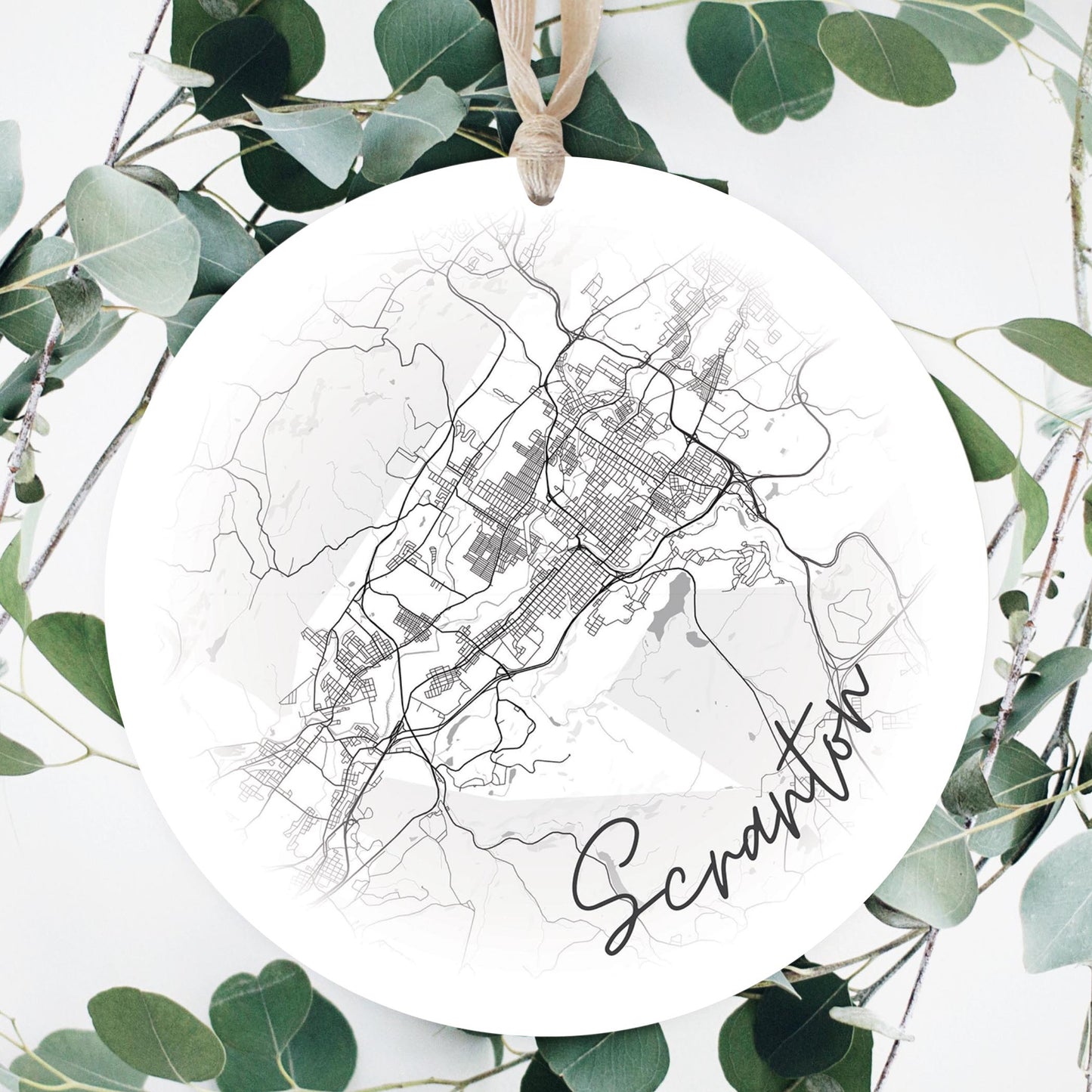 Minimalistic B&W Pennsylvania Scranton Circle Map | Wood Ornament | Eaches | Min 1