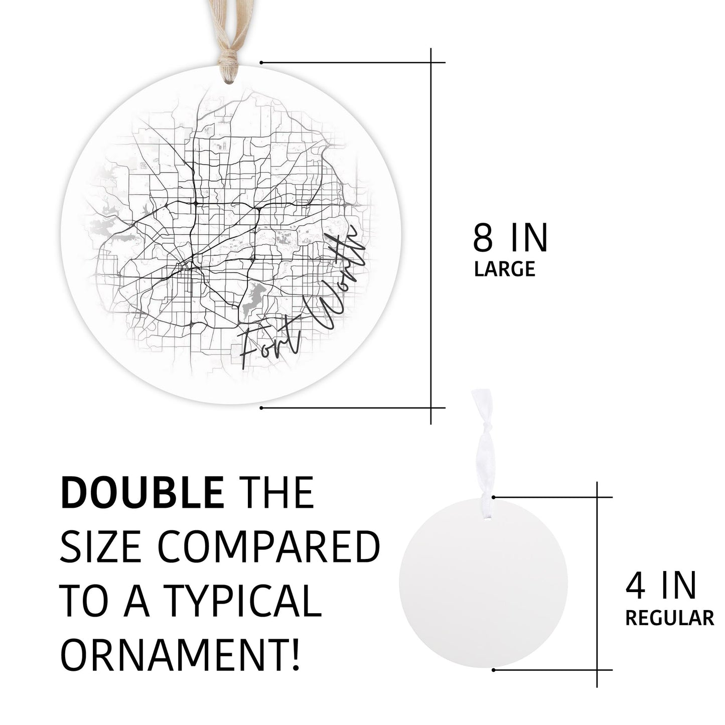 Minimalistic B&W Texas Fort Worth Circle Map | Wood Ornament | Eaches | Min 1