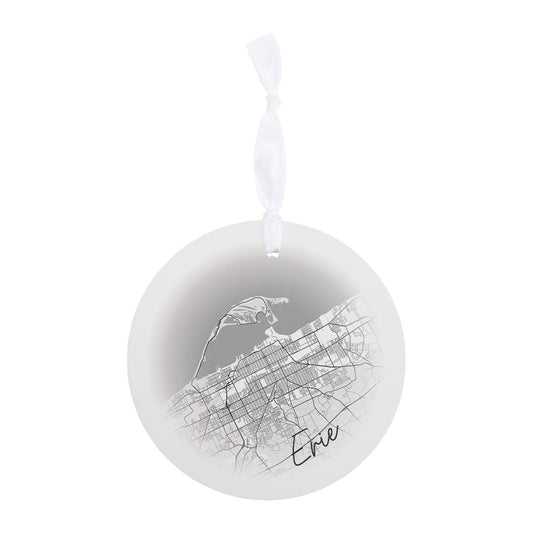 Minimalistic B&W Pennsylvania Erie Circle Map| Wood Ornament | Eaches | Min 6