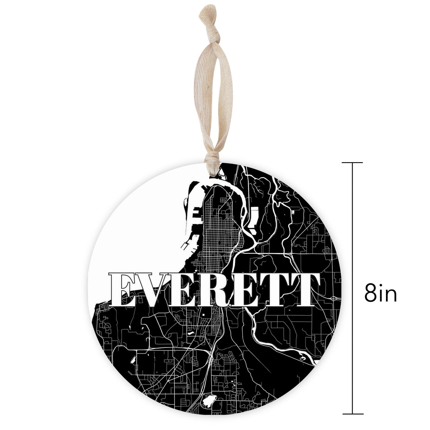 Minimalistic B&W Washington Everett Map | Wood Ornament | Eaches | Min 1