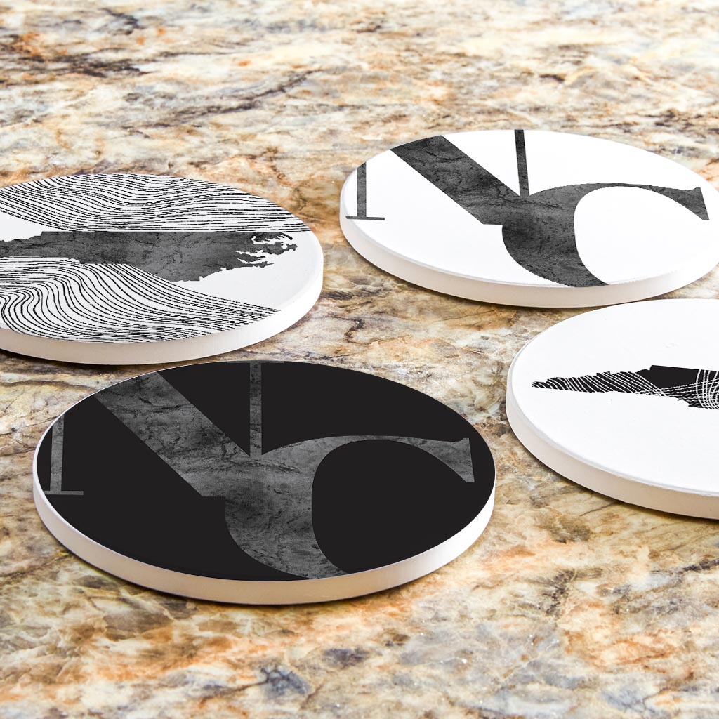 Minimalistic B&W North Carolina Initials State Shapes | Absorbent Coasters | Set of 4 | Min 2