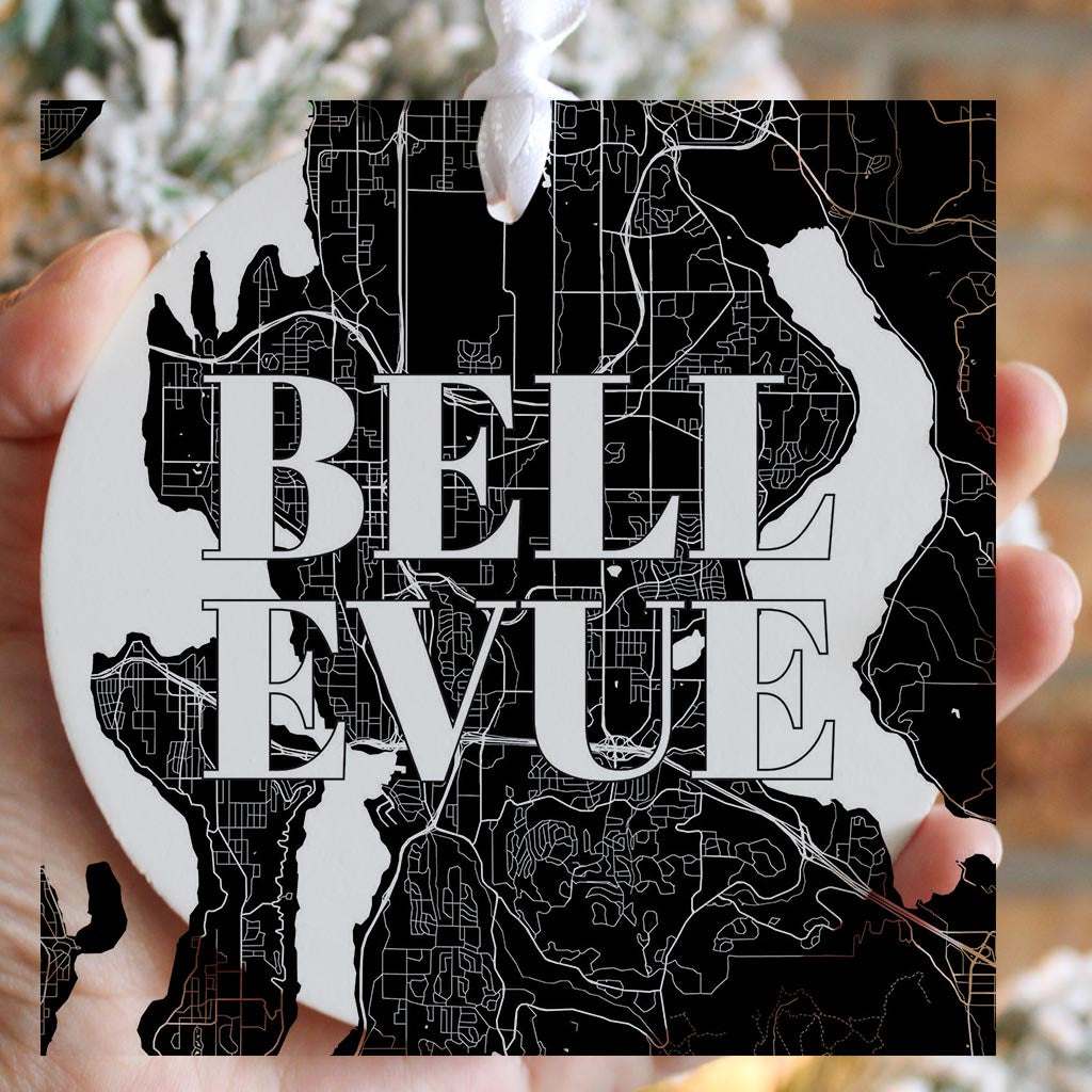 Minimalistic B&W Washington Bellevue Map | Wood Ornament | Eaches | Min 6