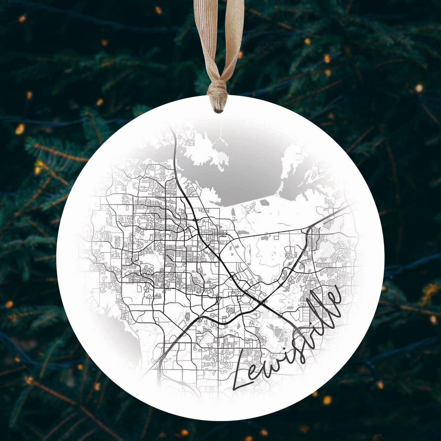 Minimalistic B&W Texas Lewisville Circle Map | Wood Ornament | Eaches | Min 1