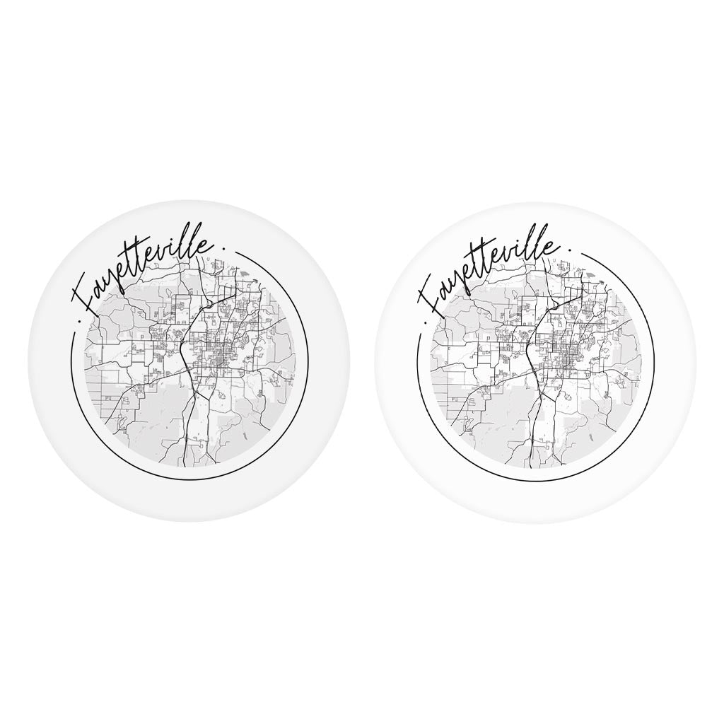 B&W Minimalist Arkansas Fayetteville Circle Map | Absorbent Car Coasters | Set of 2 | Min 4