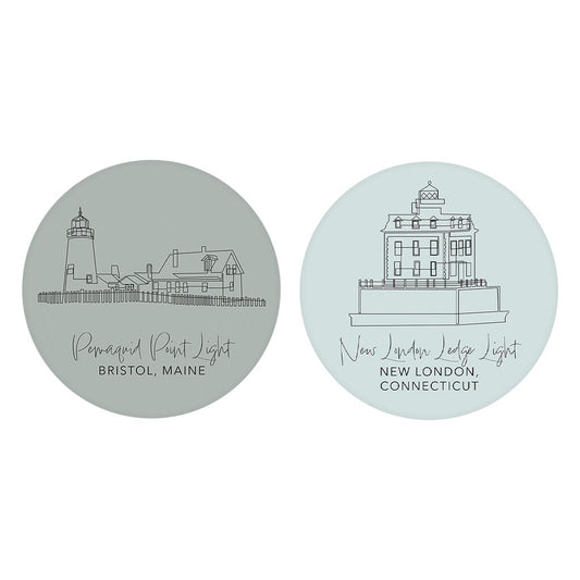 New England Lighthouses Muted Coastal | Absorbent Car Coasters | Set of 2 | Min 4