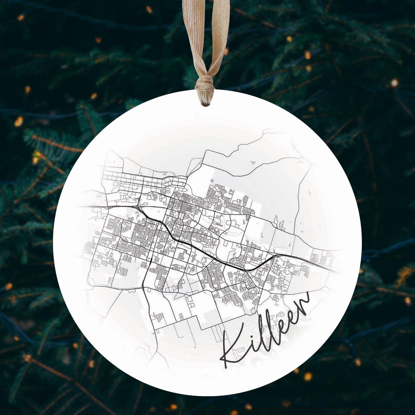 Minimalistic B&W Texas Killeen Circle Map | Wood Ornament | Eaches | Min 1