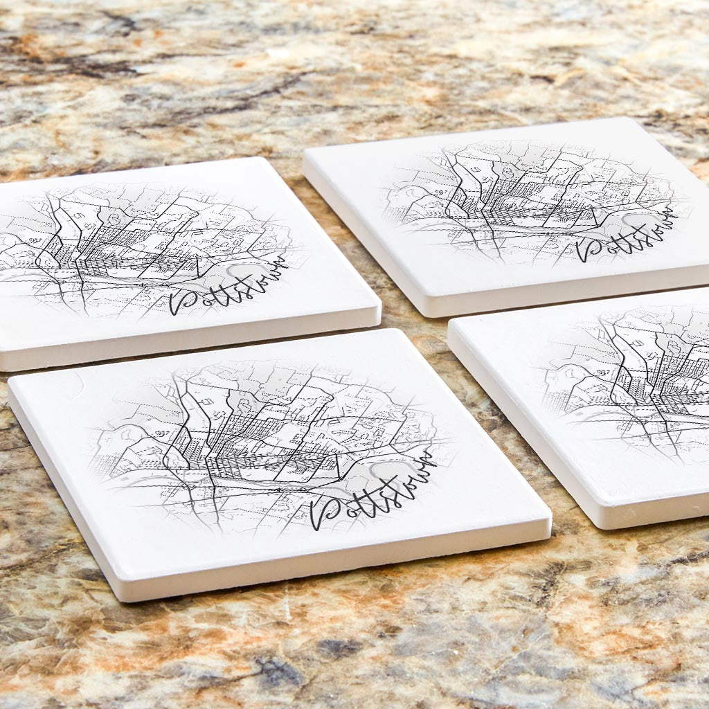 Minimalistic B&W Pennsylvania Pottstown Circle Map | Absorbent Coasters | Set of 4 | Min 2