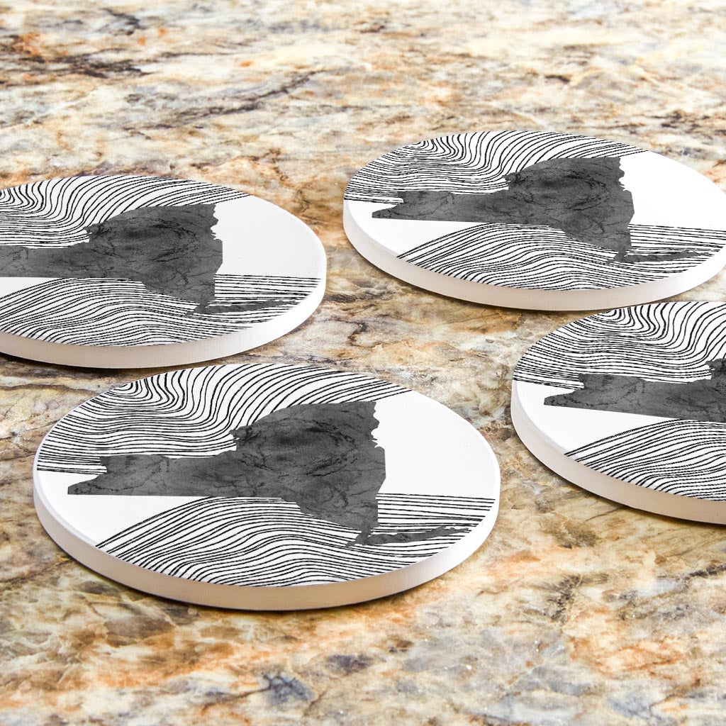 Minimalistic B&W New York State With Fluid Lines | Absorbent Coasters | Set of 4 | Min 2