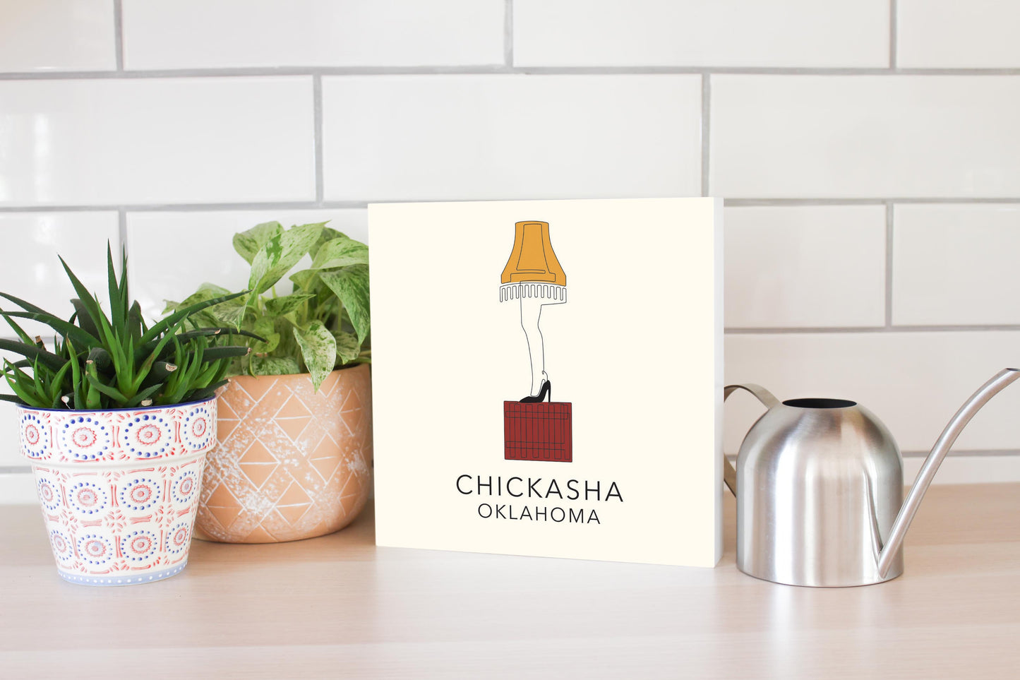 Modern Minimalist Oklahoma Colorful Chickasha Leg Lamp | Wood Block | Eaches | Min 2