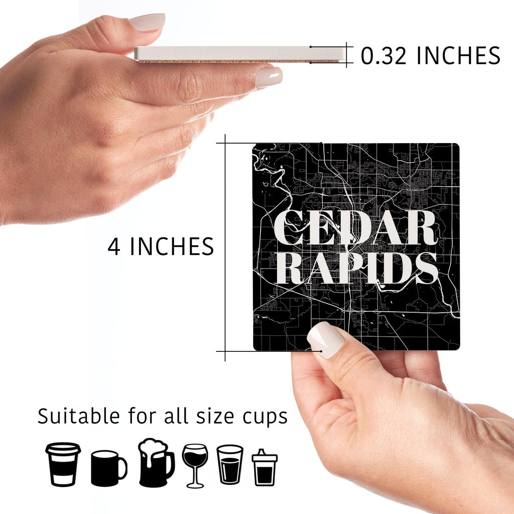 Minimalistic B&W Iowa Cedar Rapids Map | Absorbent Coasters | Set of 4 | Min 2