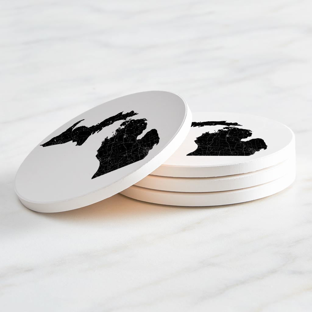 Minimalistic B&W Michigan Map Petoskey Star | Absorbent Coasters | Set of 4 | Min 2