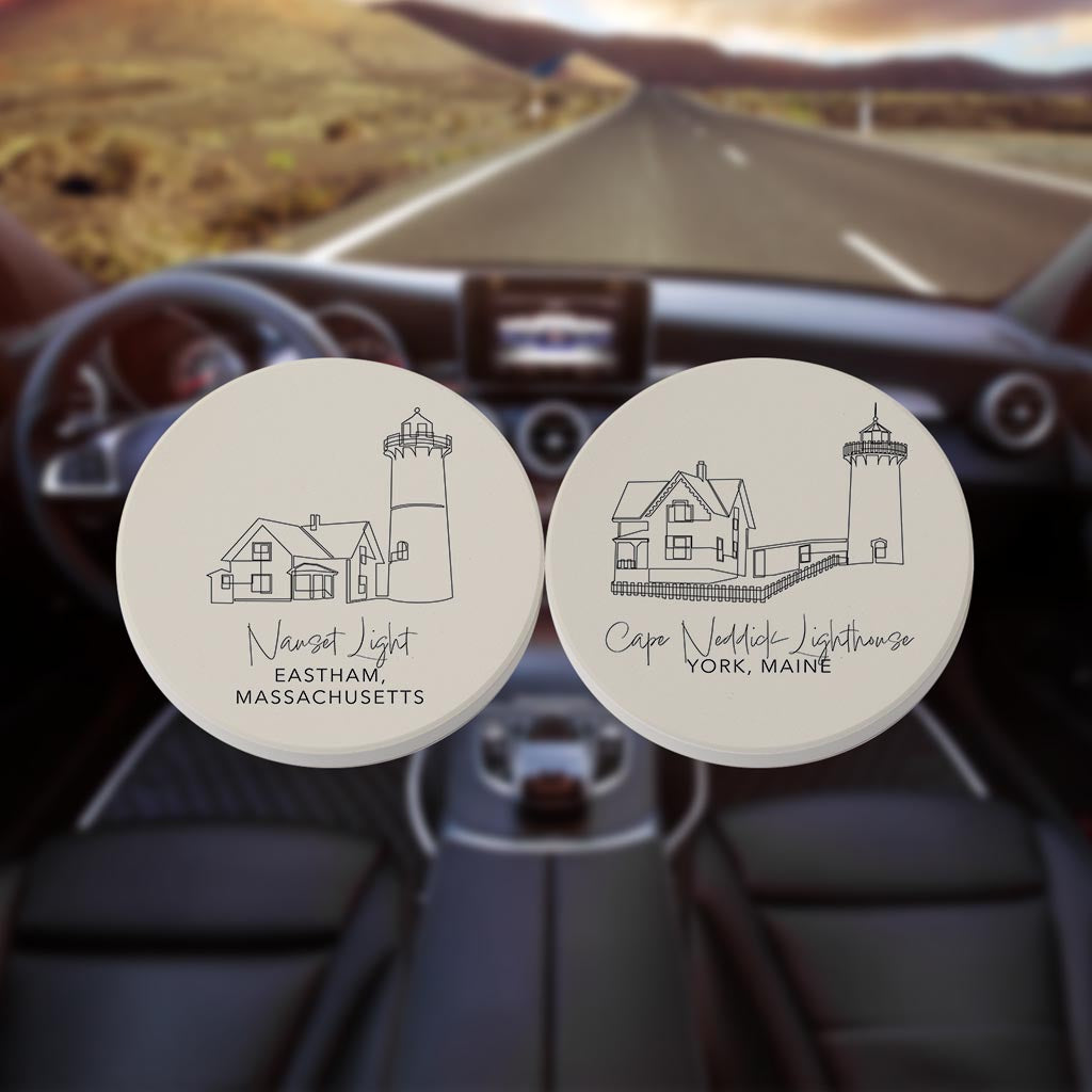 New England Lighthouses Cream Colored | Absorbent Car Coasters | Set of 2 | Min 4