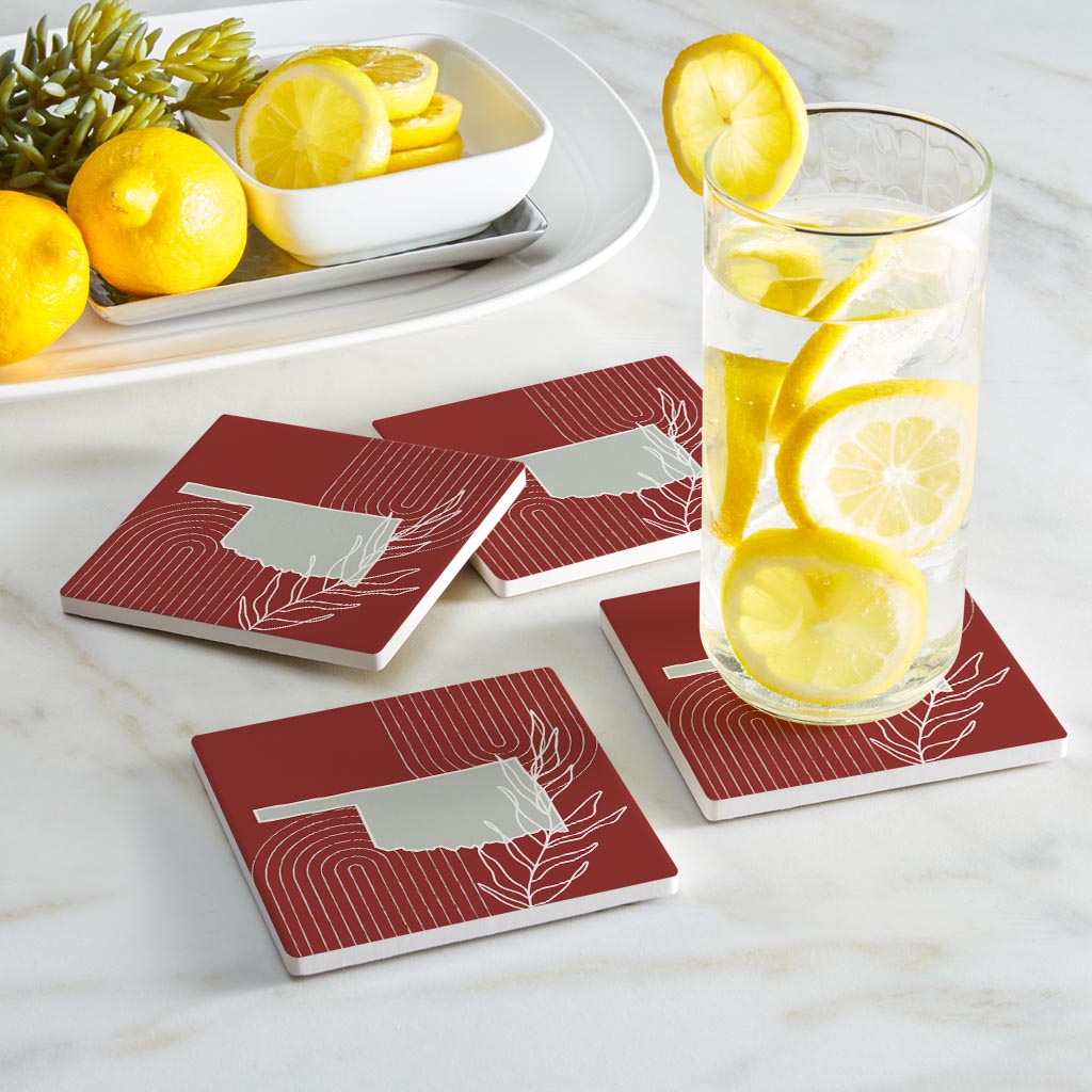 Modern Minimalist Oklahoma State Shape With Leaf | Absorbent Coasters | Set of 4 | Min 2